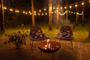 mid-atlantic deck & fence fire pit on a wood deck