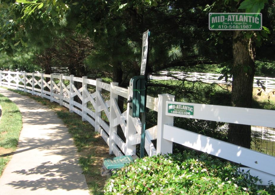 White vinyl 5 rail estate style fence, pond fence Crofton Maryland
