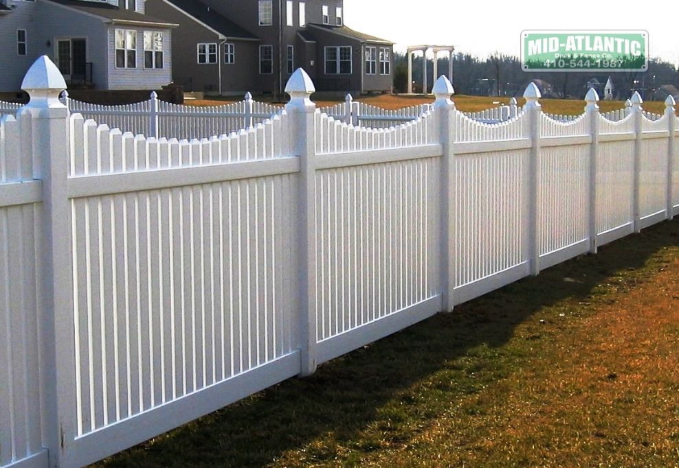 This is our white vinyl Mt Vernon picket 2 style. Why do we call it 2. Because the picket spacing is approx. 1-1/2” apart providing a little more safety and security. Love this one, located in Millersville Maryland.