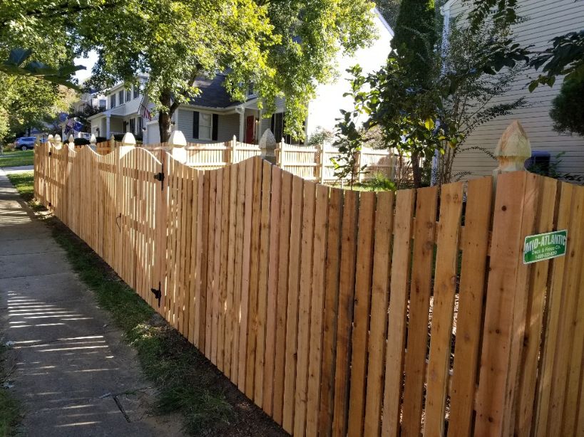 We used a tighter than standard picket spacing on the Wyngate style privacy fence with Mt Vernon dip in Crofton Maryland. Other wise know as the good neighbor fence because both sides look the same.