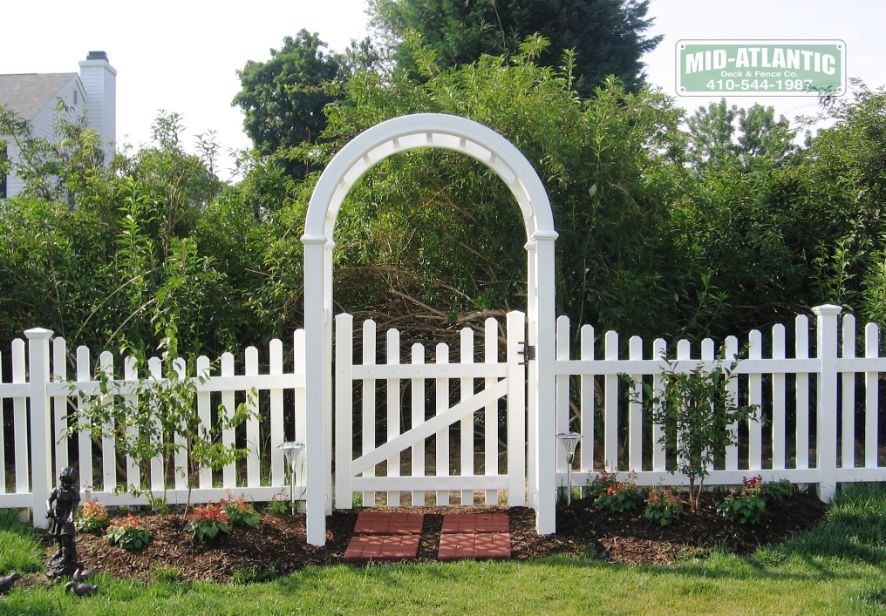 We have custom white vinyl arbors. They are a great accent any style vinyl fence and require very little maintenance. This one is in Annapolis Maryland.