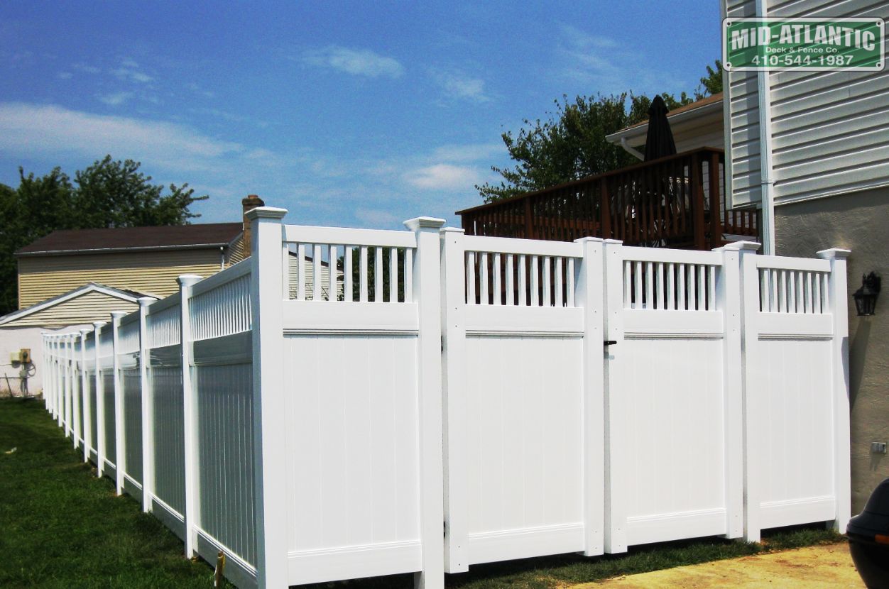 Old style charm with new world technology. Our white vinyl Stonington style privacy fence is another option for privacy. Double drive gates are a nice option to have.