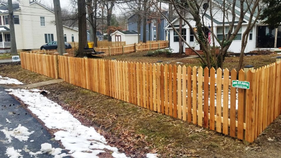 Pyramid pointed cedar pickets and rails are what this customer chose to install around their home in Friendship Maryland. Closer picket spacing really added to the look.