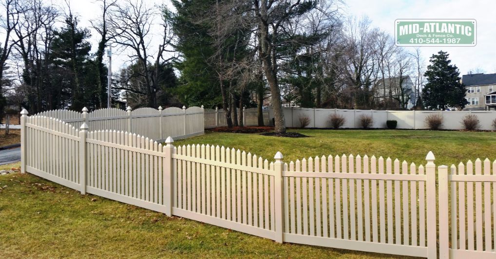 Looking for something a little different. Here is a version of our tan vinyl sunrise top 2 vinyl picket fence. Millersville Maryland.