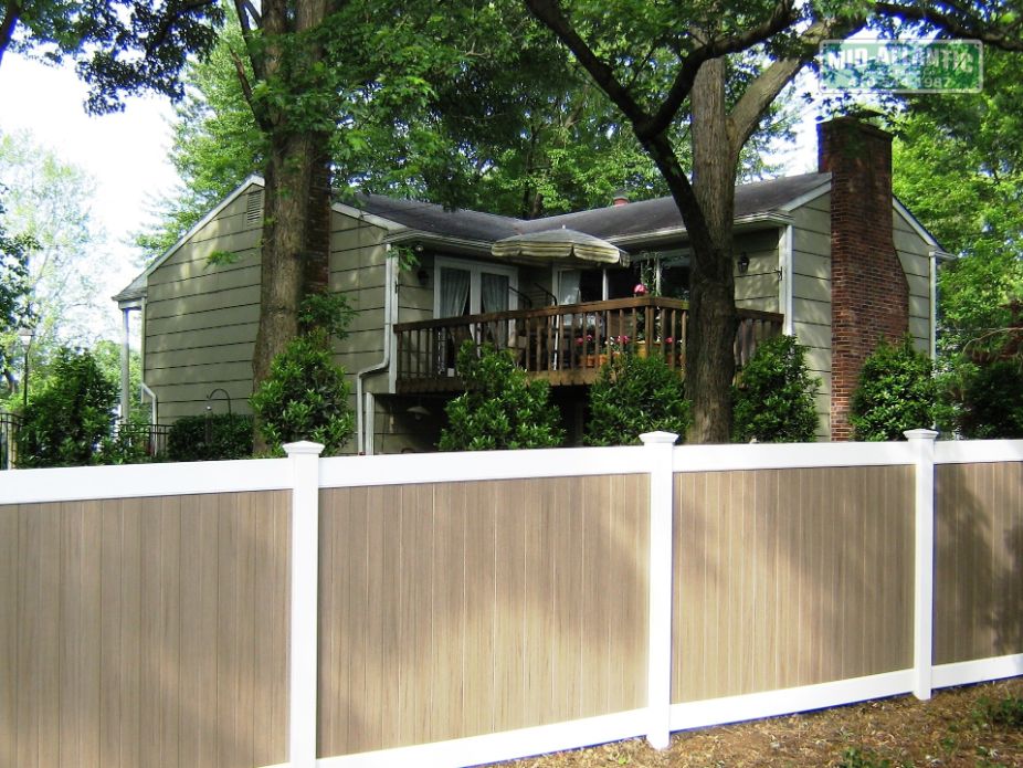 Let’s not forget Khaki viny privacy fence we have that too. You can use a white frame like in this photo or you can install it in all khaki color. Crofton Maryland.
