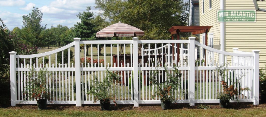 Mix and match ideas its a great way to accent your garden space. Our Edgewater white vinyl picket fence can be modified to meet your desired look. Located in Bowie Maryland.